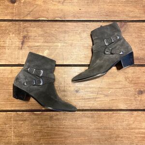 Frye Ellen Buckle Short Booties Gray Suede Leather Size 7 Harness